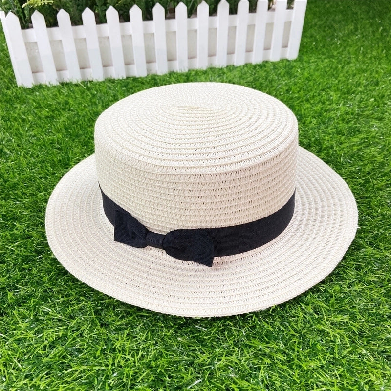 Straw Hat Shading Hat Summer Flat-brimmed Bow Straw Flat Top Hat