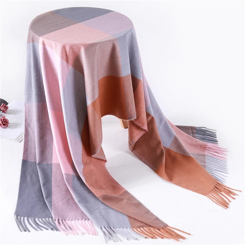 New Large Plaid Artificial Cashmere Scarf Women's Winter Thicken Thermal Thorn Fur Shawl Fashion All-Matching Fringe Bib