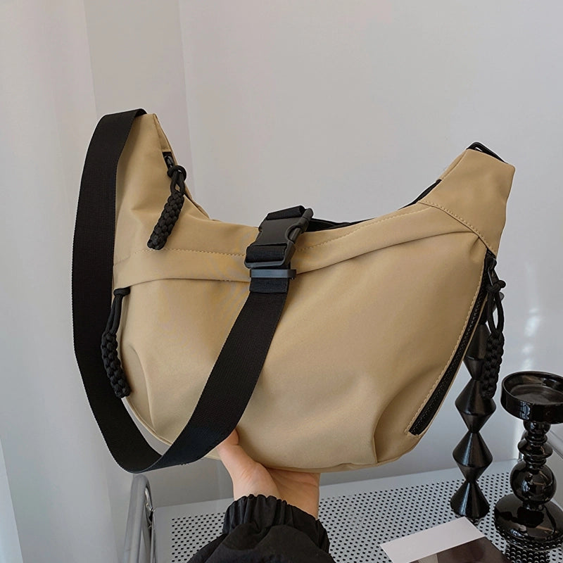 Unisex Canvas Solid Color Basic Dumpling Shape Zipper Shoulder Bag Crossbody Bag