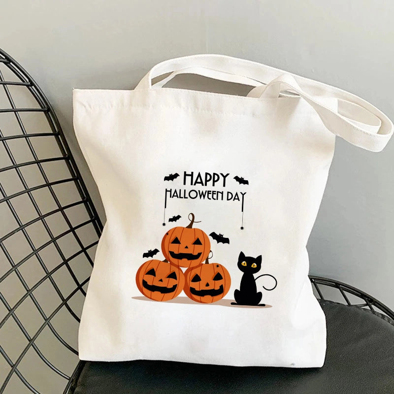Halloween Unisex Canvas Animal Pumpkin Letter Streetwear Square Open Shoulder Bag Canvas Bag