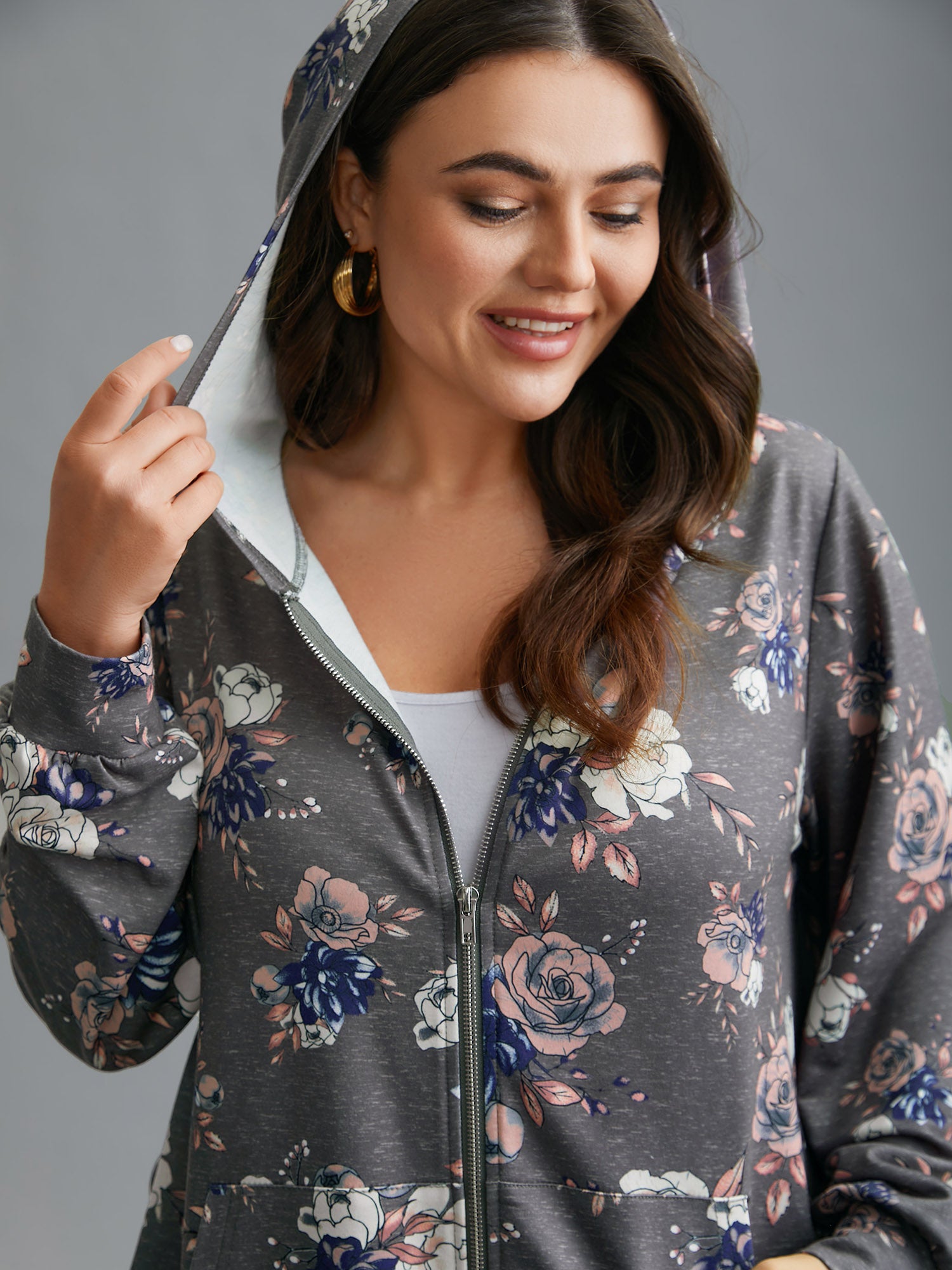 Floral Print Zipper Front Hooded Sweatshirt