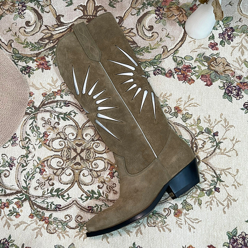 Womens Western Embroidered Boots - Suede Khaki/Black Cowgirl Boots All Genuine Leather