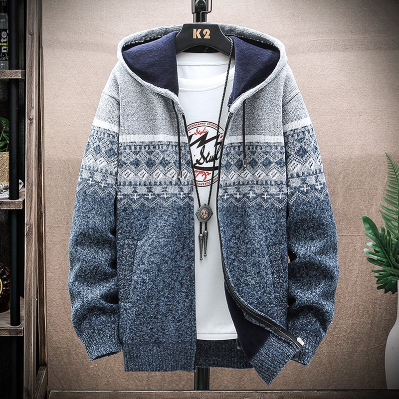 Men's Vintage Knitted Pattern Hooded Cardigan Sweater