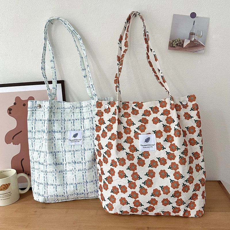 Women's Large Corduroy Smile Face Streetwear Square Magnetic Buckle Handbag