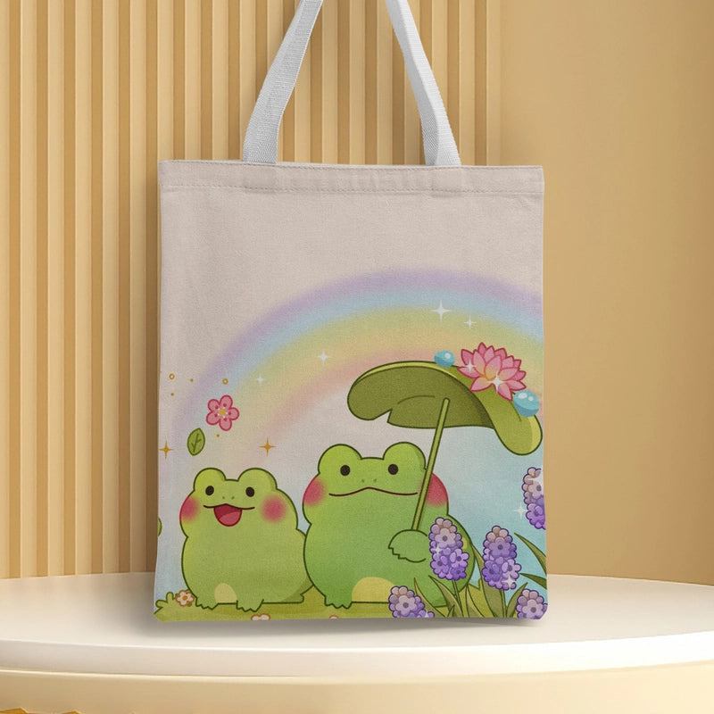 Women's Canvas Cartoon Frog Basic Classic Style Square Open Canvas Bag