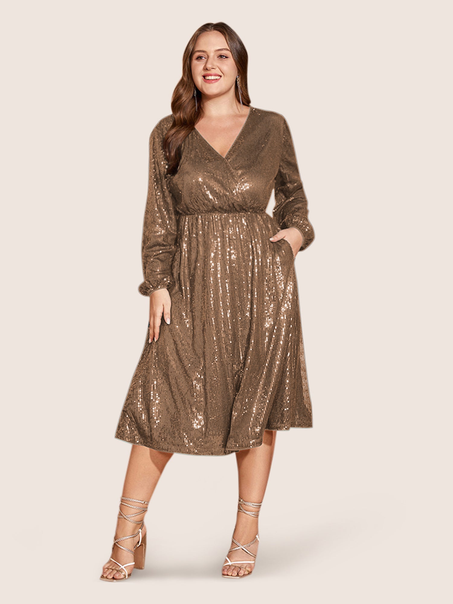 Solid Pocket Lantern Sleeve Wrap Sequin Dress