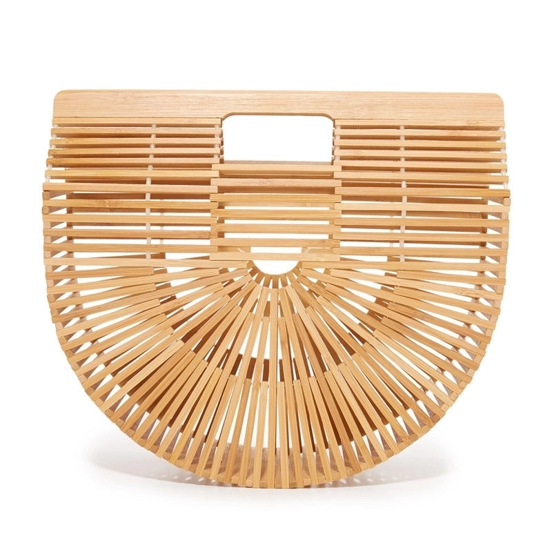 Women's Medium Bamboo Solid Color Vacation Beach Open Beach Bag