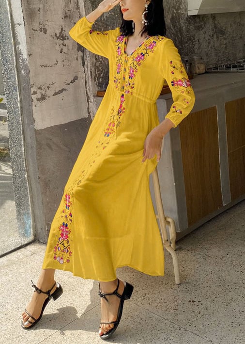 Bohemian Yellow Embroidered Tie Waist Cotton Vacation Dresses Bracelet Sleeve