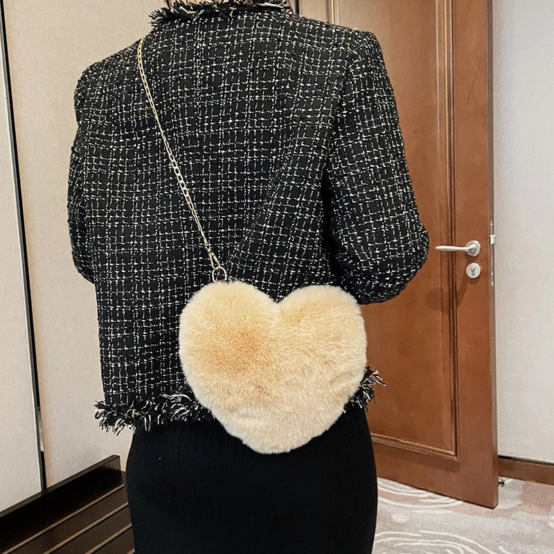 Women's Plush Solid Color Cute Heart-shaped Zipper Crossbody Bag