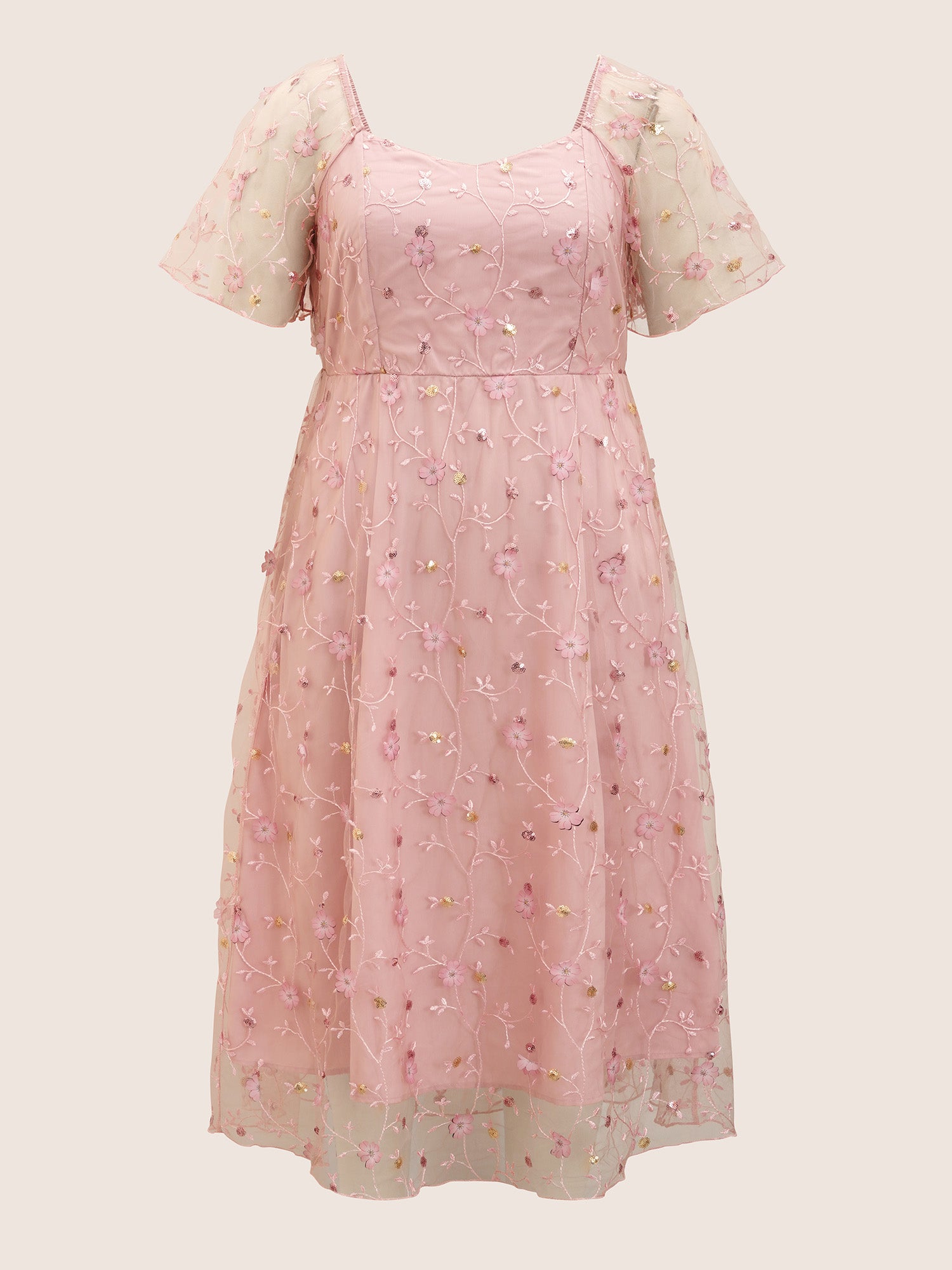 Heart Neckline Floral Embroidered Sequin Mesh Dress