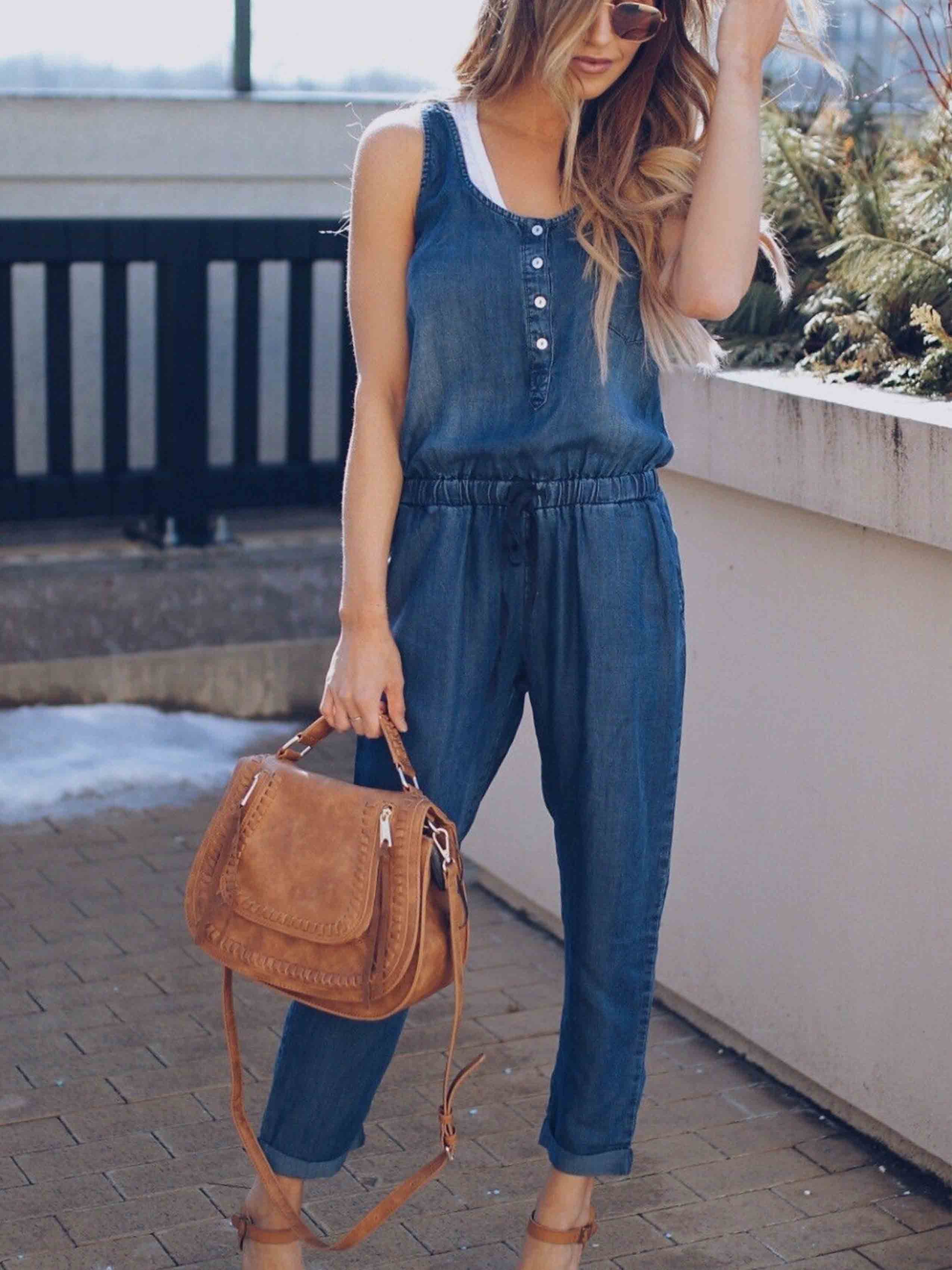 Casual Vest Denim Jumpsuit