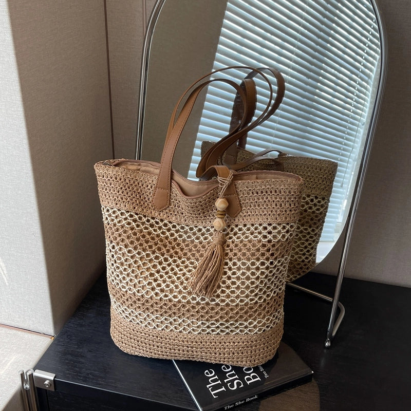 Women's Large Straw Color Block Beach Classic Style Weave Bucket Zipper Shoulder Bag
