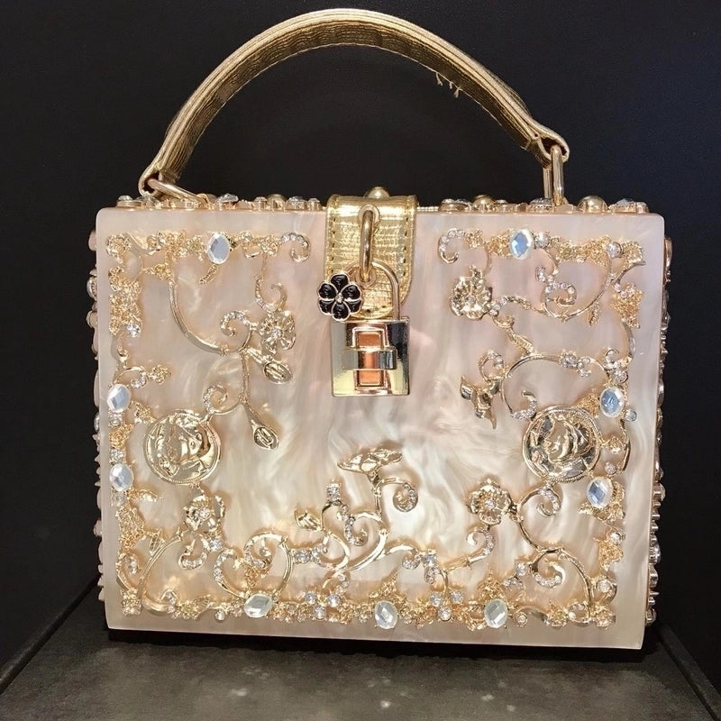 Black White Gold Arylic Flower Hollow Square Evening Bags