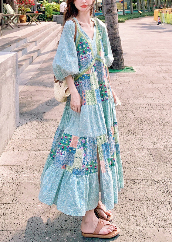 Bohemian Blue Print Side Open Patchwork Cotton Maxi Dresses Half Sleeve