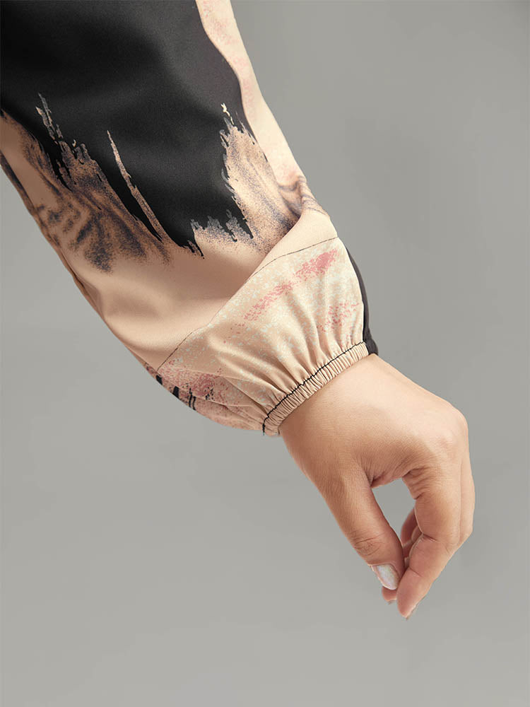 Brush Print Contrast Elastic Waist Button Through Dress