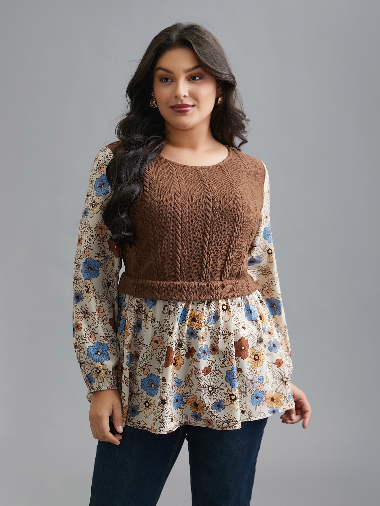 Mixed Texture Floral Combined Blouse