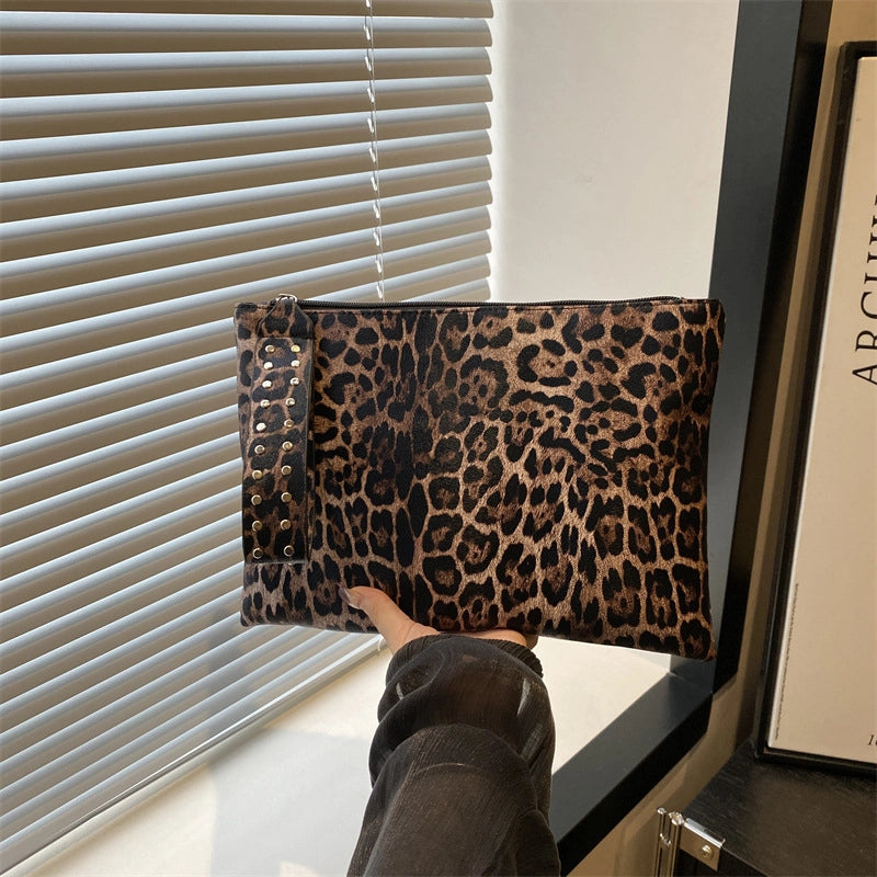 Black Brown Coffee Pu Leather Leopard Sewing Thread Square Clutches