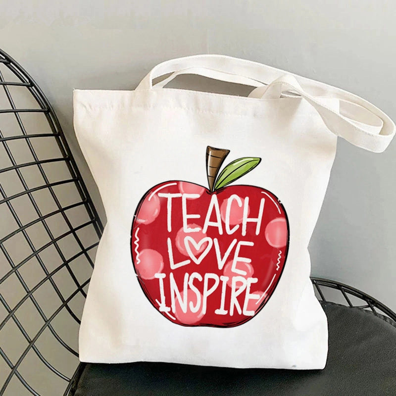 Hot Selling Kawaii Heart-shaped Printed Tote Bag For Teachers And Students One-shoulder Large Capacity White Cotton Bag