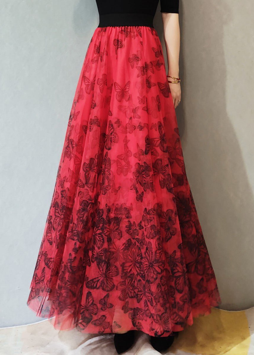 Loose Red Butterfly Elastic Waist Tulle Skirts Summer