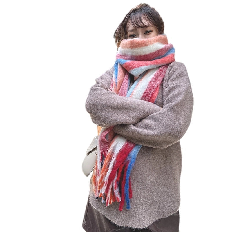 Latest Mohair Striped Tassel Scarf Fashion Geometric Gradient Shawl Versatile Thickened Scarf