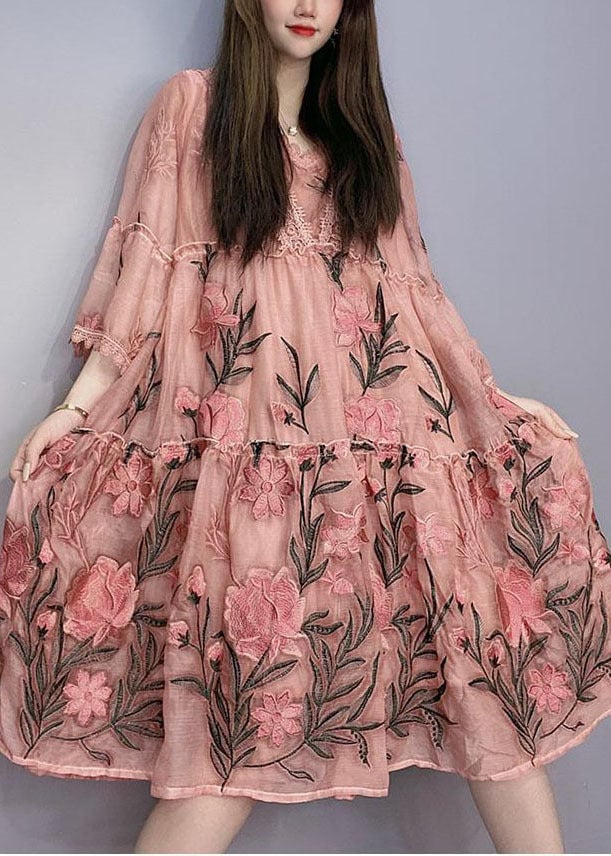 Handmade Pink Embroidered Ruffled Patchwork Robe Dresses Bracelet Sleeve