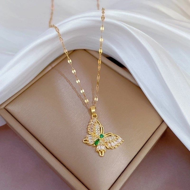 Minimalist Butterfly Titanium Steel Copper Plating Inlay Zircon Pendant Necklace
