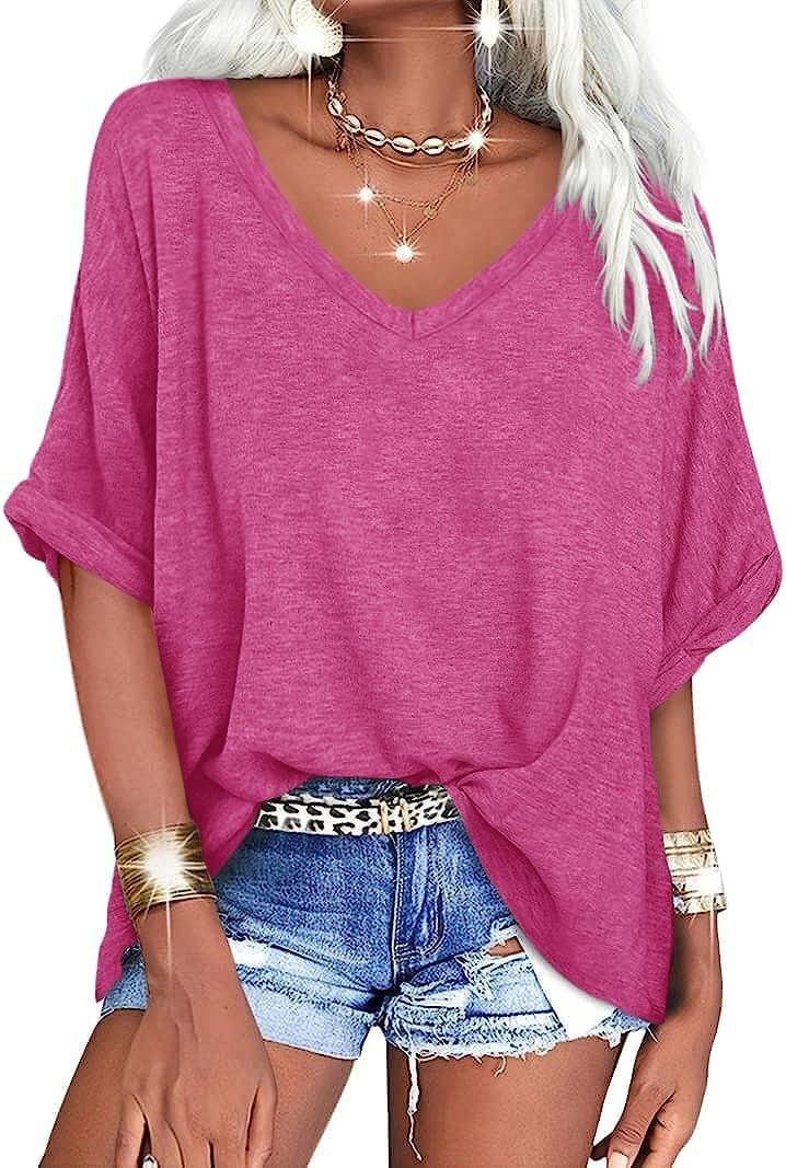 🔥PROMOTION LAST DAY🔥Women's Summer Tops Oversized Tshirts Half Sleeve Loose Fit V Neck Casual Blouse Tee