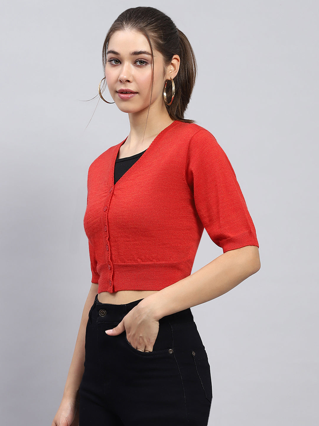 Women Red Solid V Neck Half Sleeve Blouse