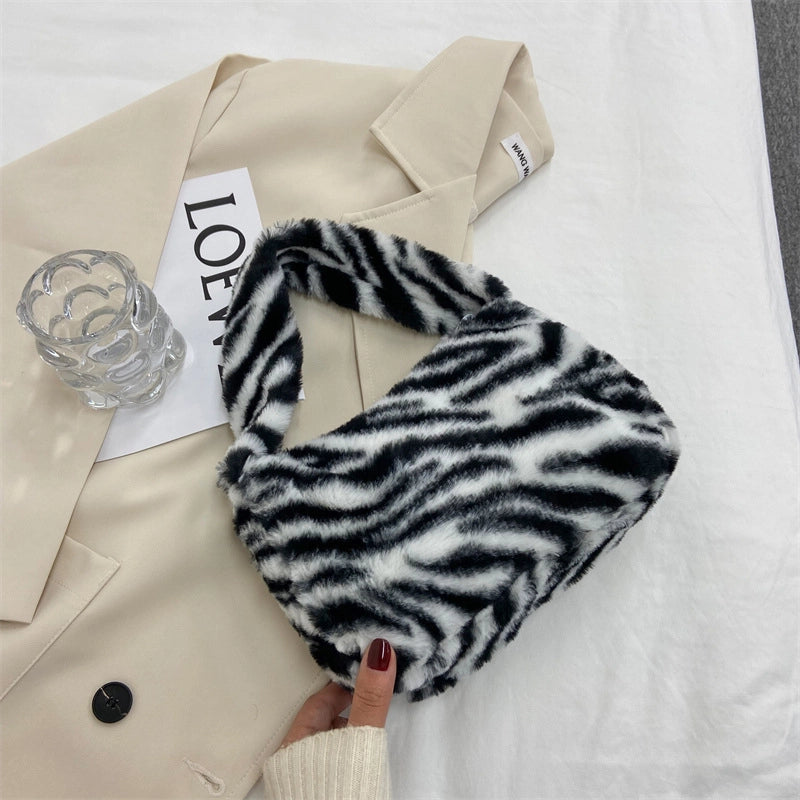 Women's Plush Leopard Classic Style Square Zipper Shoulder Bag Square Bag