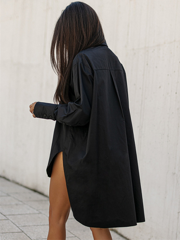 Urban Long Sleeves High-Low Solid Color Lapel Collar Blouses