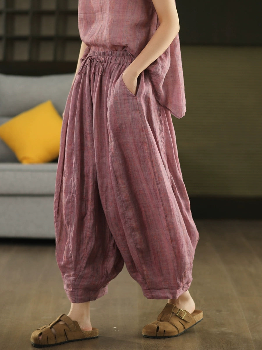 Women Summer Retro Print 100%Ramie Bloomers