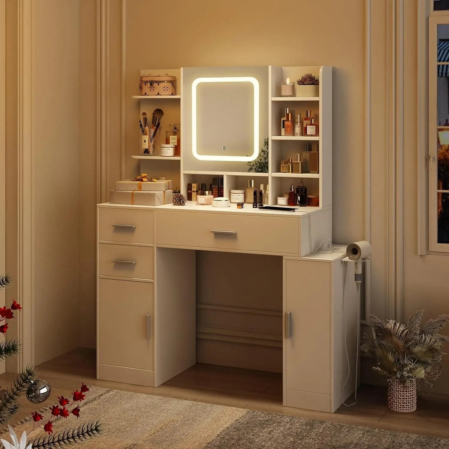 Makeup Vanity with Lights in 3 Colors and Power Outlet 43.6inch Big Vanity Table