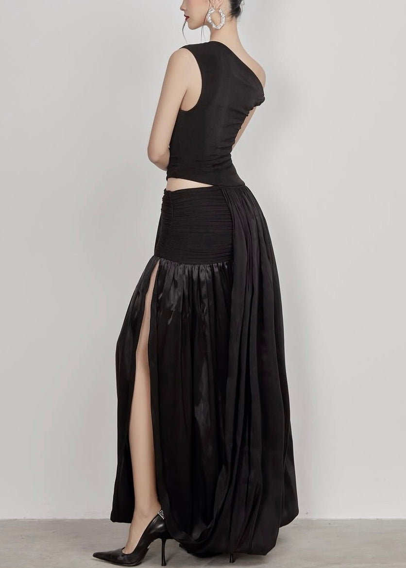 Black Side Open Solid Cotton Long Dress Cold Shoulder Sleeveless