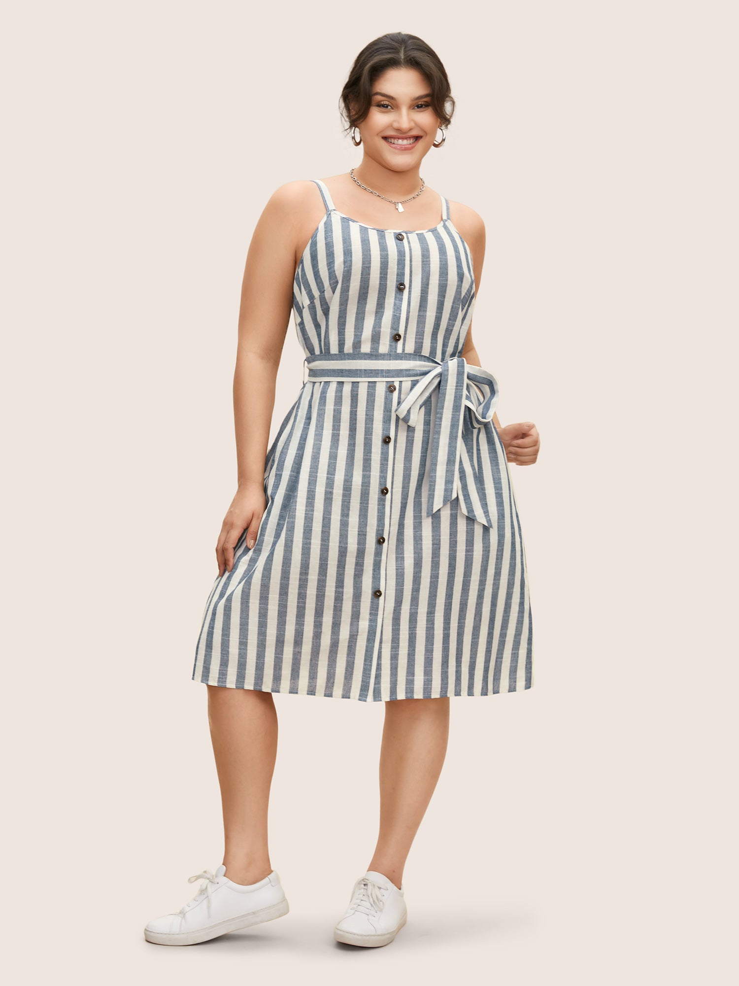 Striped Button Detail Belted Cami Dress