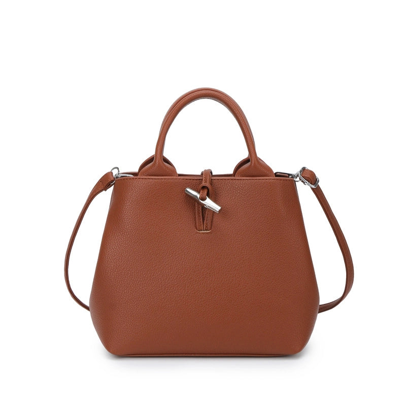 Women's Pu Leather Solid Color Classic Style Sewing Thread Bucket Zipper Lock Clasp Crossbody Bag