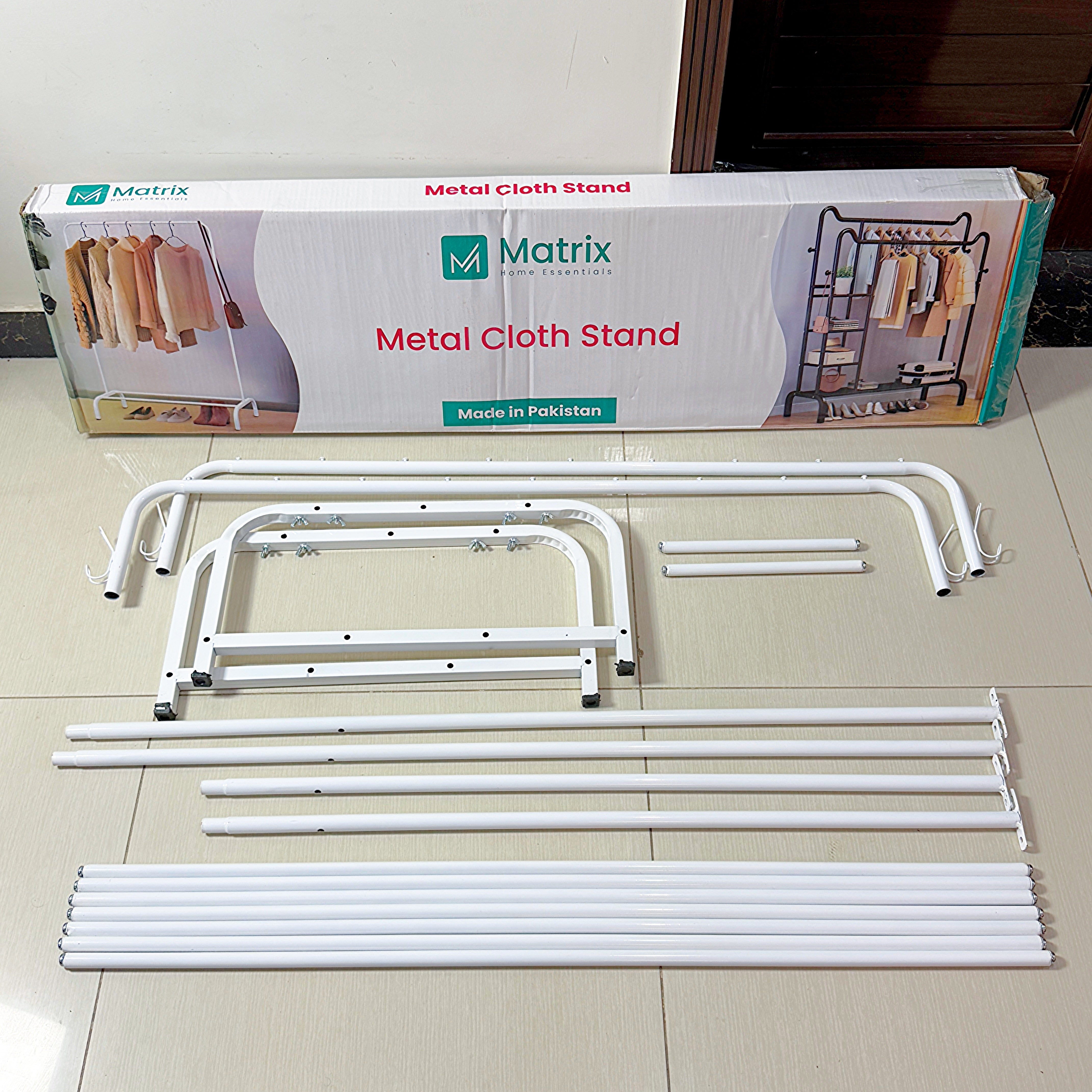 Dual Pole Metal Clothes Stand by Matrix (C) – With Dual Shoe Tiers & Side Hooks