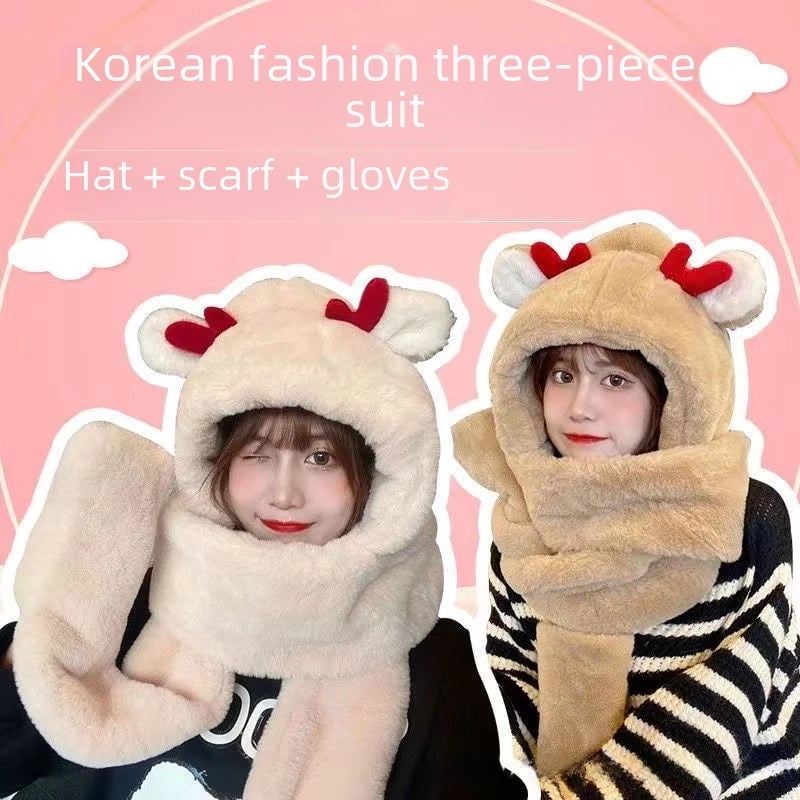 Hat Scarf Gloves Integrated Hat Autumn And Winter  Versatile Warm Toe Cap Winter Cute Plush Double Layer Hat For Women
