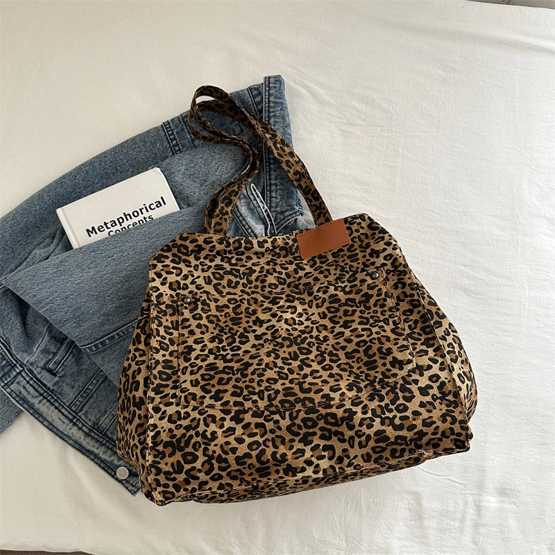 Women's Canvas Leopard Classic Style Sewing Thread Bucket Open Tote Bag