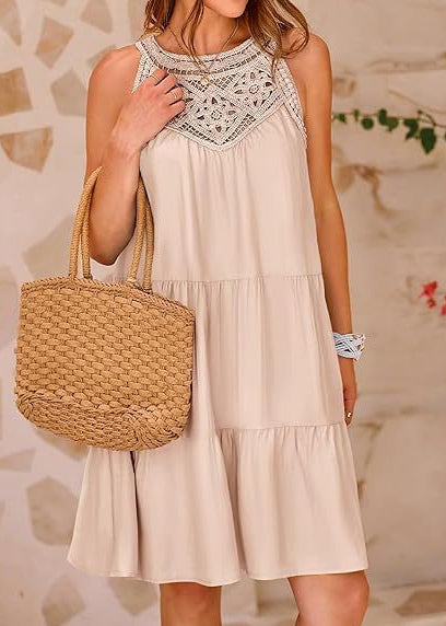 Italian Apricot Cold Shoulder Patchwork Cotton Dress Summer
