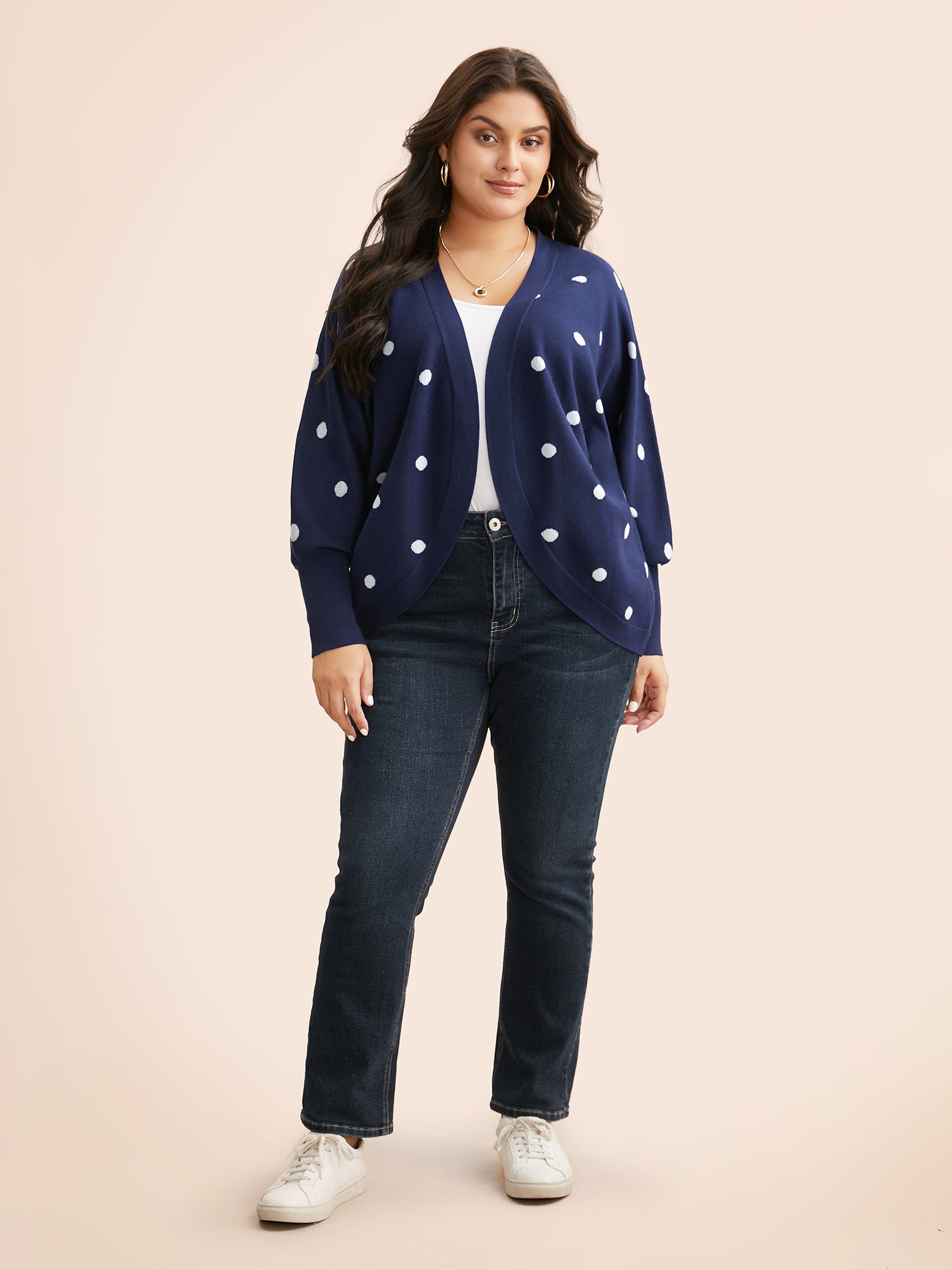 Polka Dot Curved Hem Dolman Sleeve Cardigan