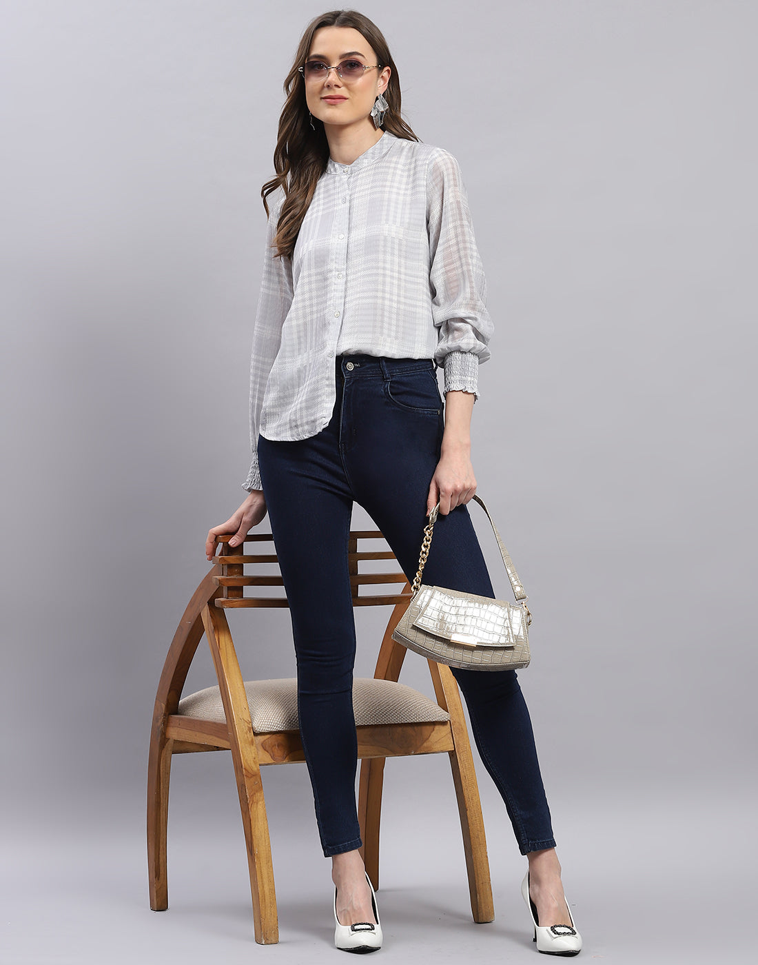 Women Grey Check Mandarin Collar Full Sleeve Top