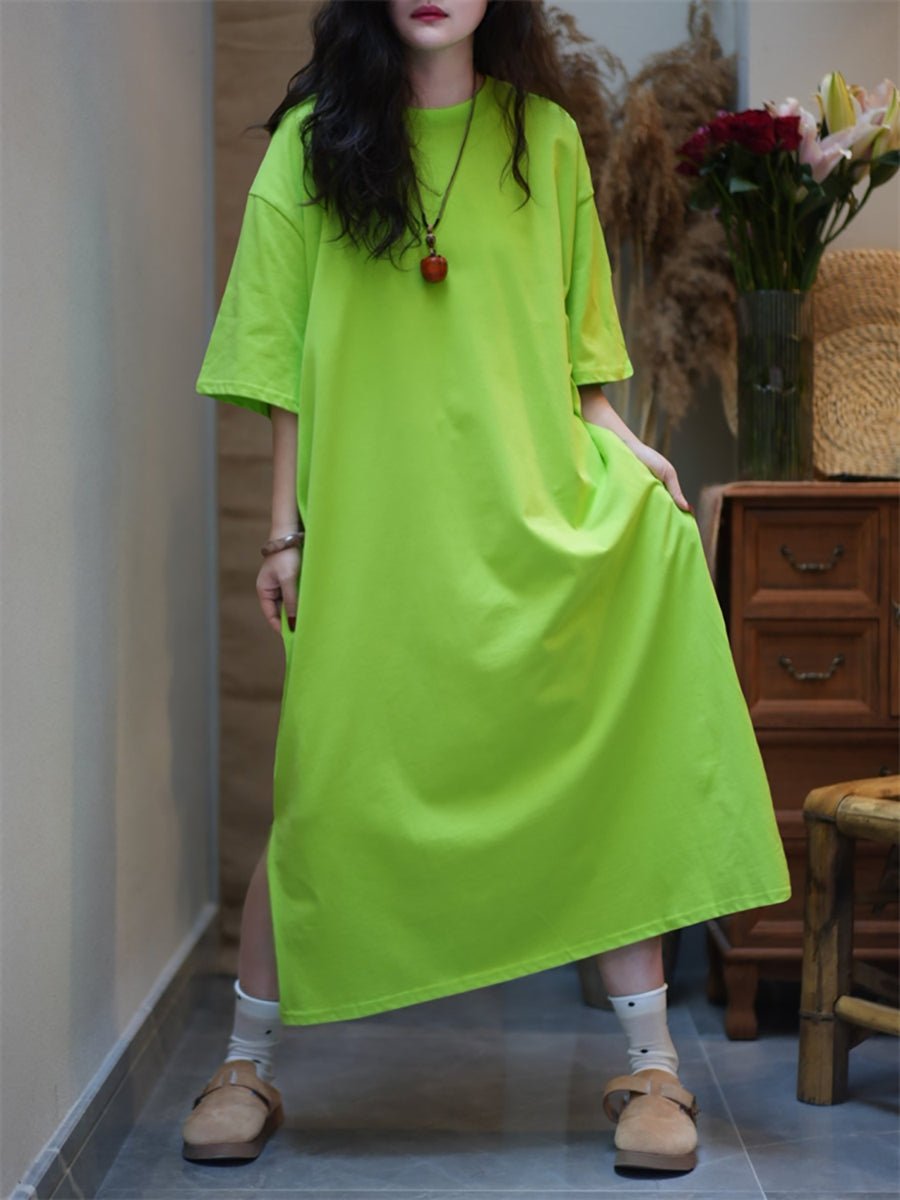 Women Summer Casual Pure Color O-Neck Cotton Dress
