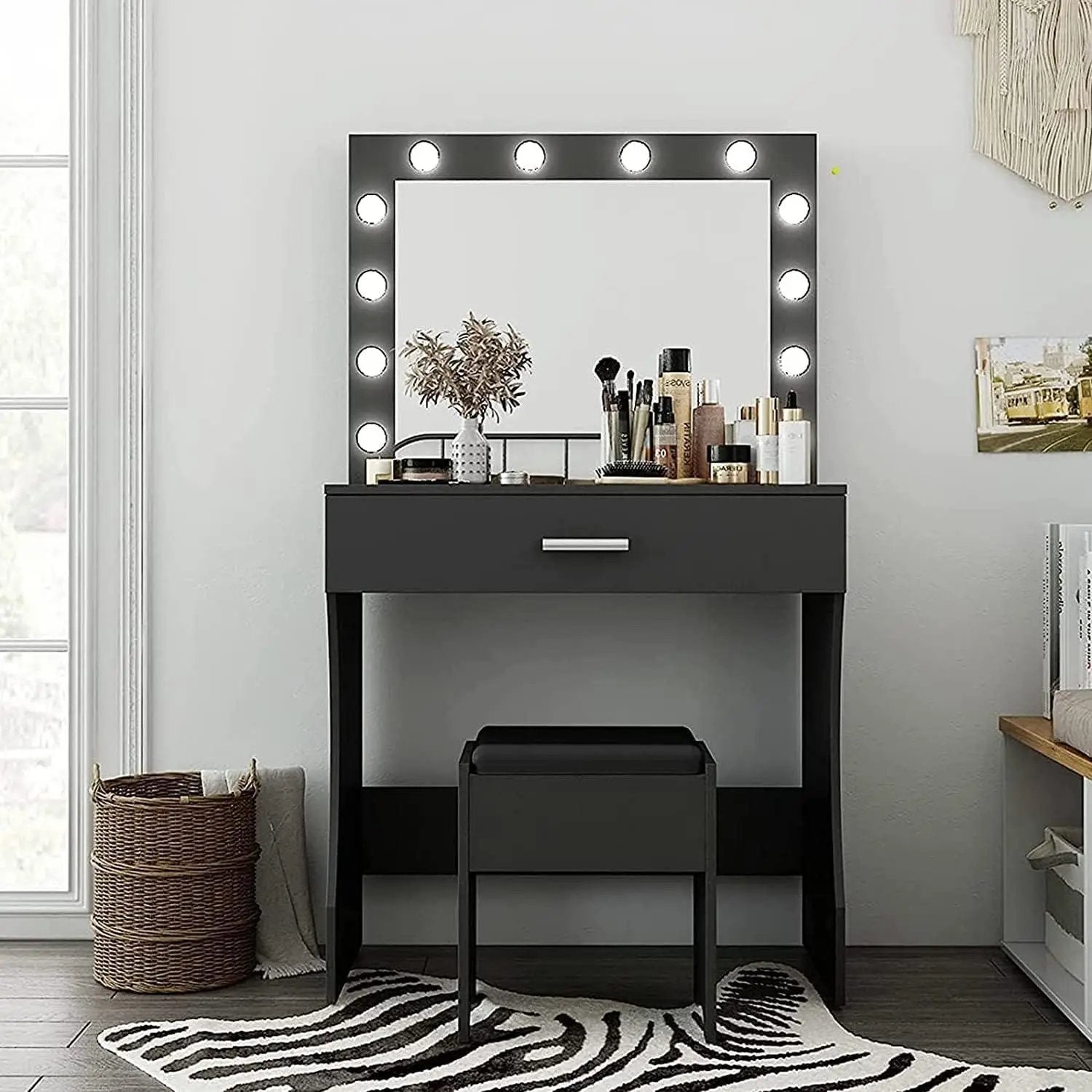 Vanity Table Set with Lighted Mirror - Makeup Vanity with Charging Station