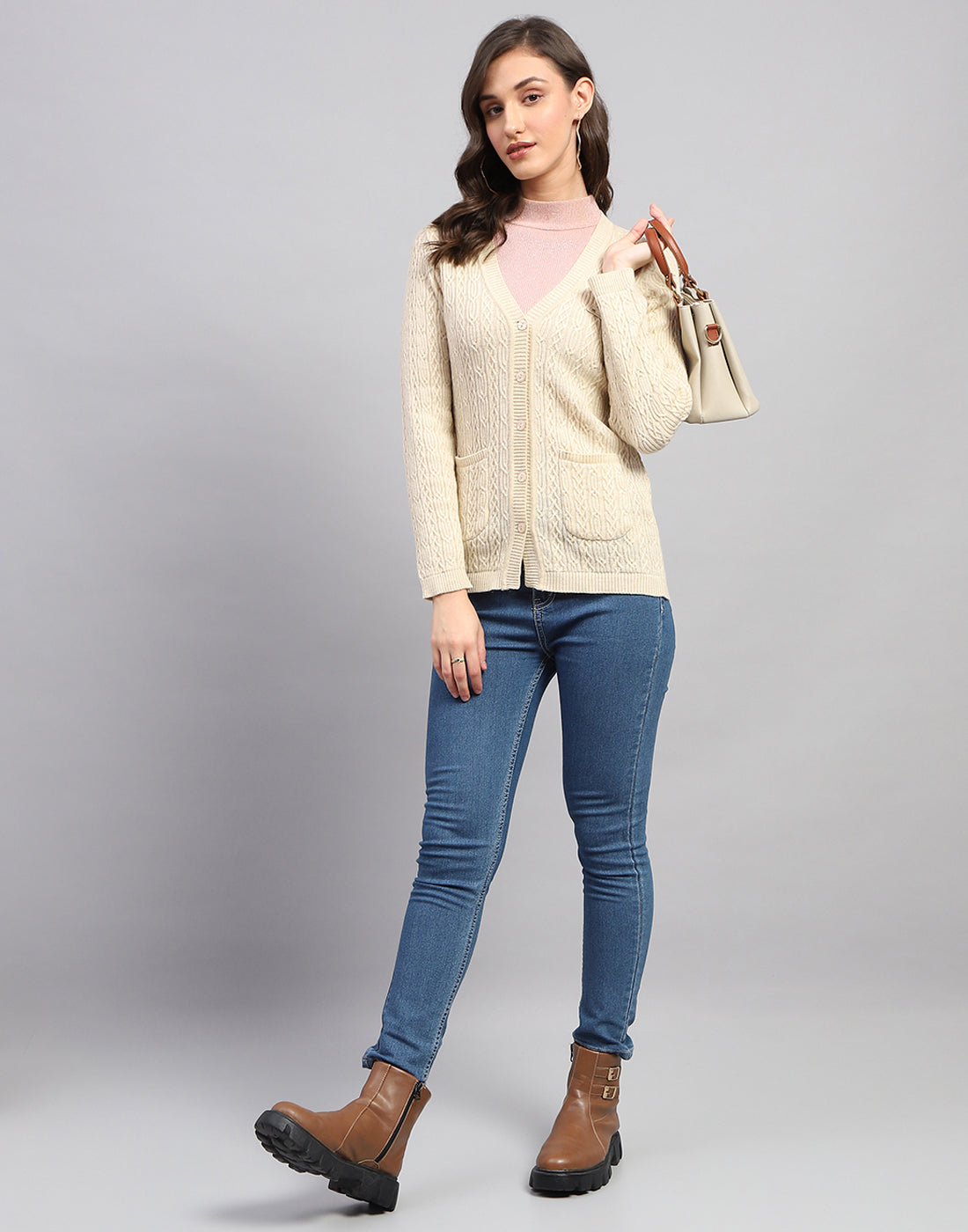 Women Beige Self Design V Neck Full Sleeve Cardigan