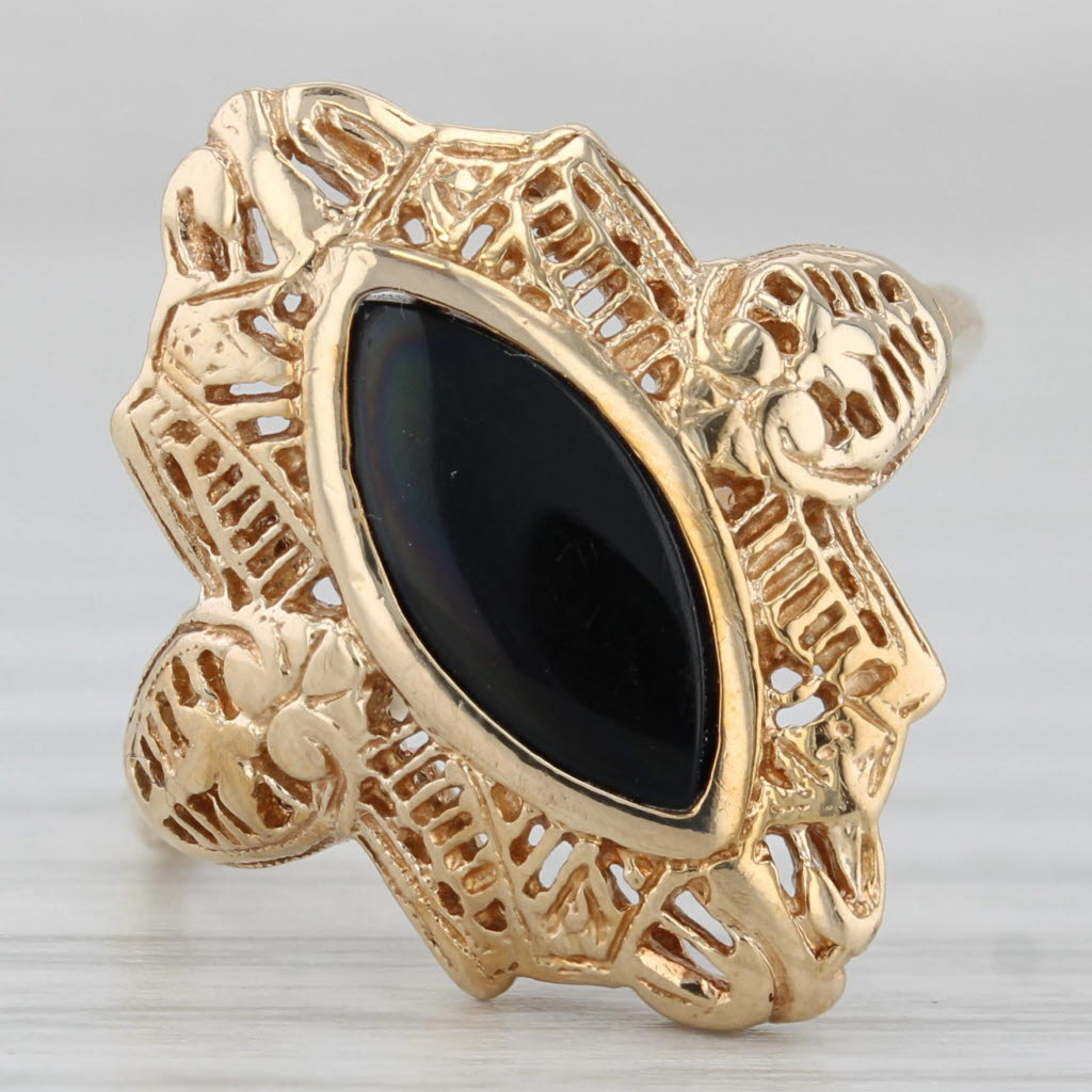 Onyx Navette Cabochon Filigree Ring 10k Yellow Gold Size 7.25