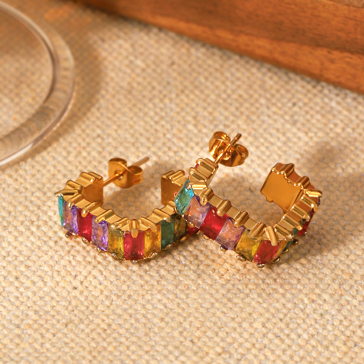 Ins Style C-Shaped Stainless Steel Earrings Inlaid With Colored Zircon Earrings Titanium Steel
