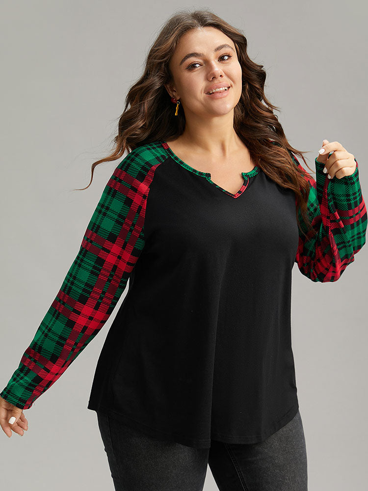 Plaid Contrast Notched Raglan Sleeve T-shirt