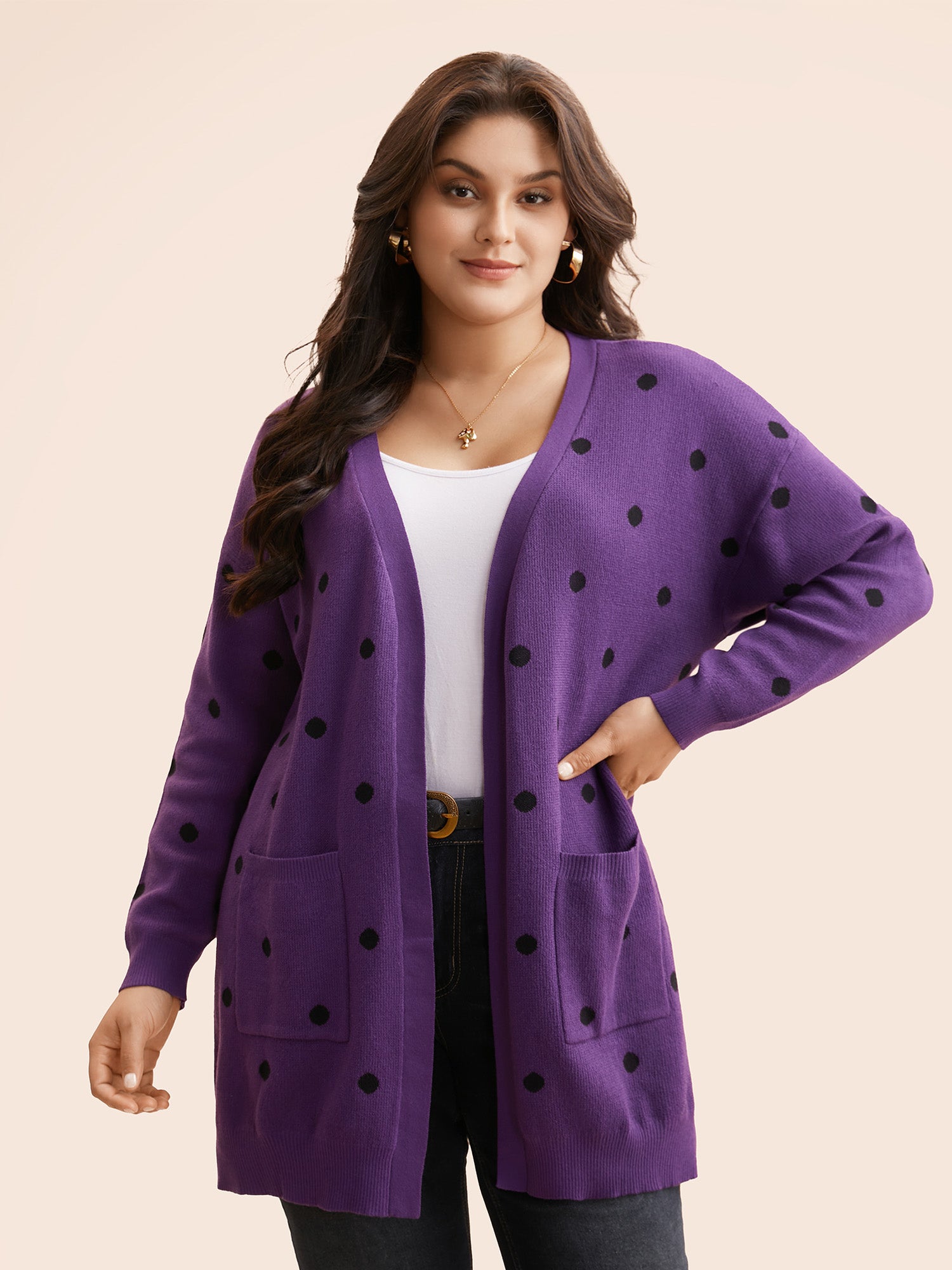 Polka Dot Kimono Collar Patch Pocket Cardigan