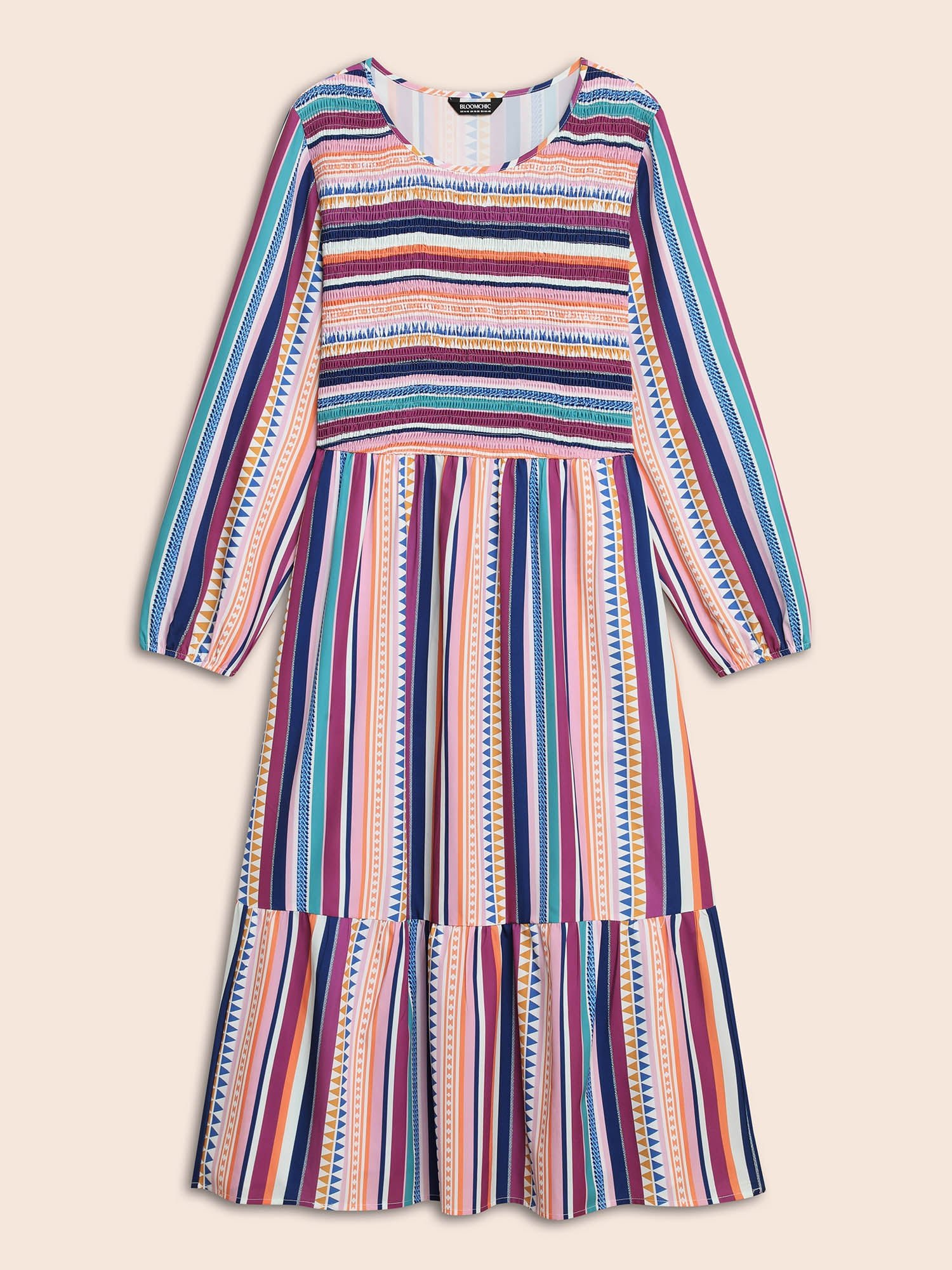 Contrast Striped Shirred Ruffle Hem Dress