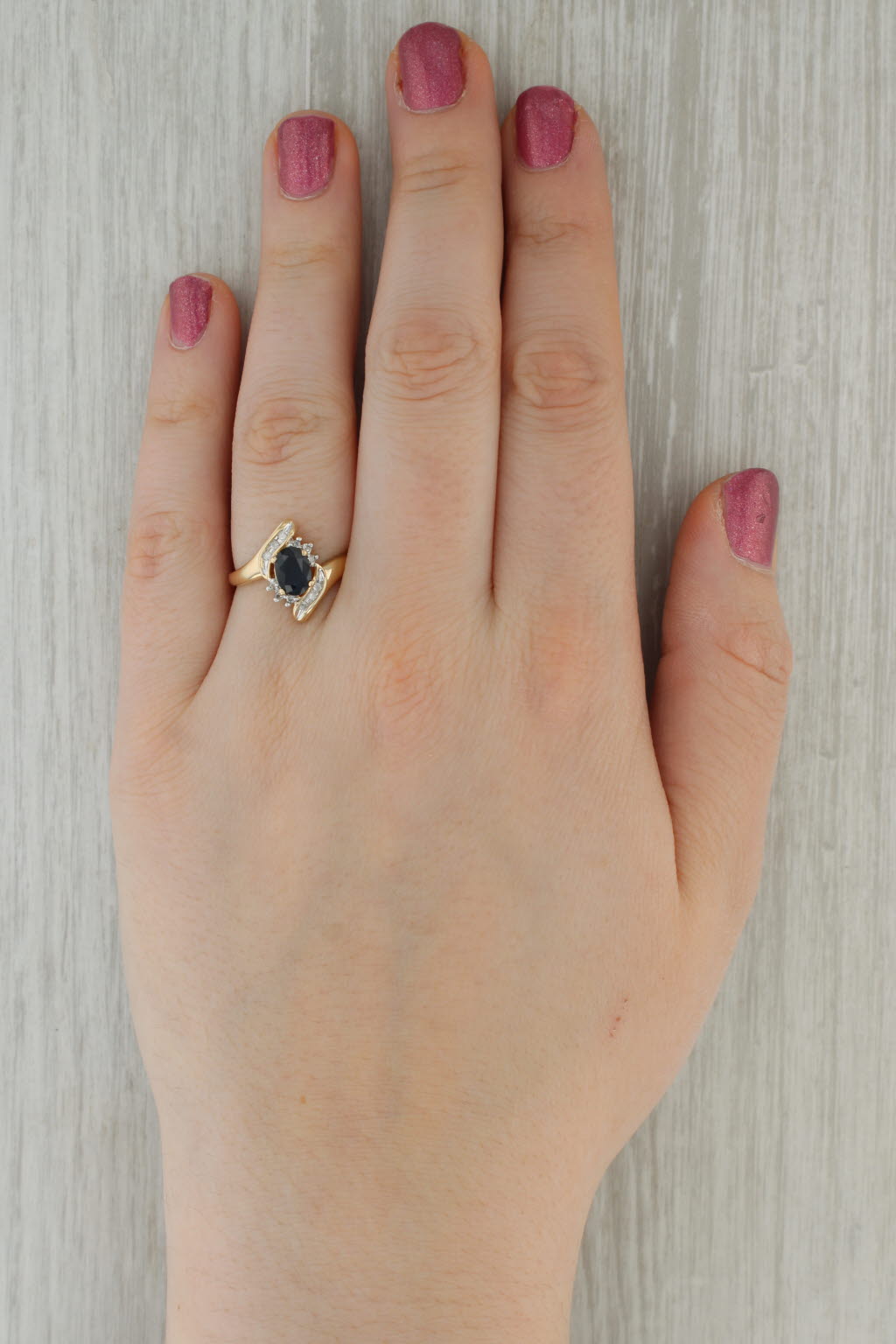 0.66ctw Blue Sapphire Diamond Bypass Ring 10k Yellow Gold Size 8